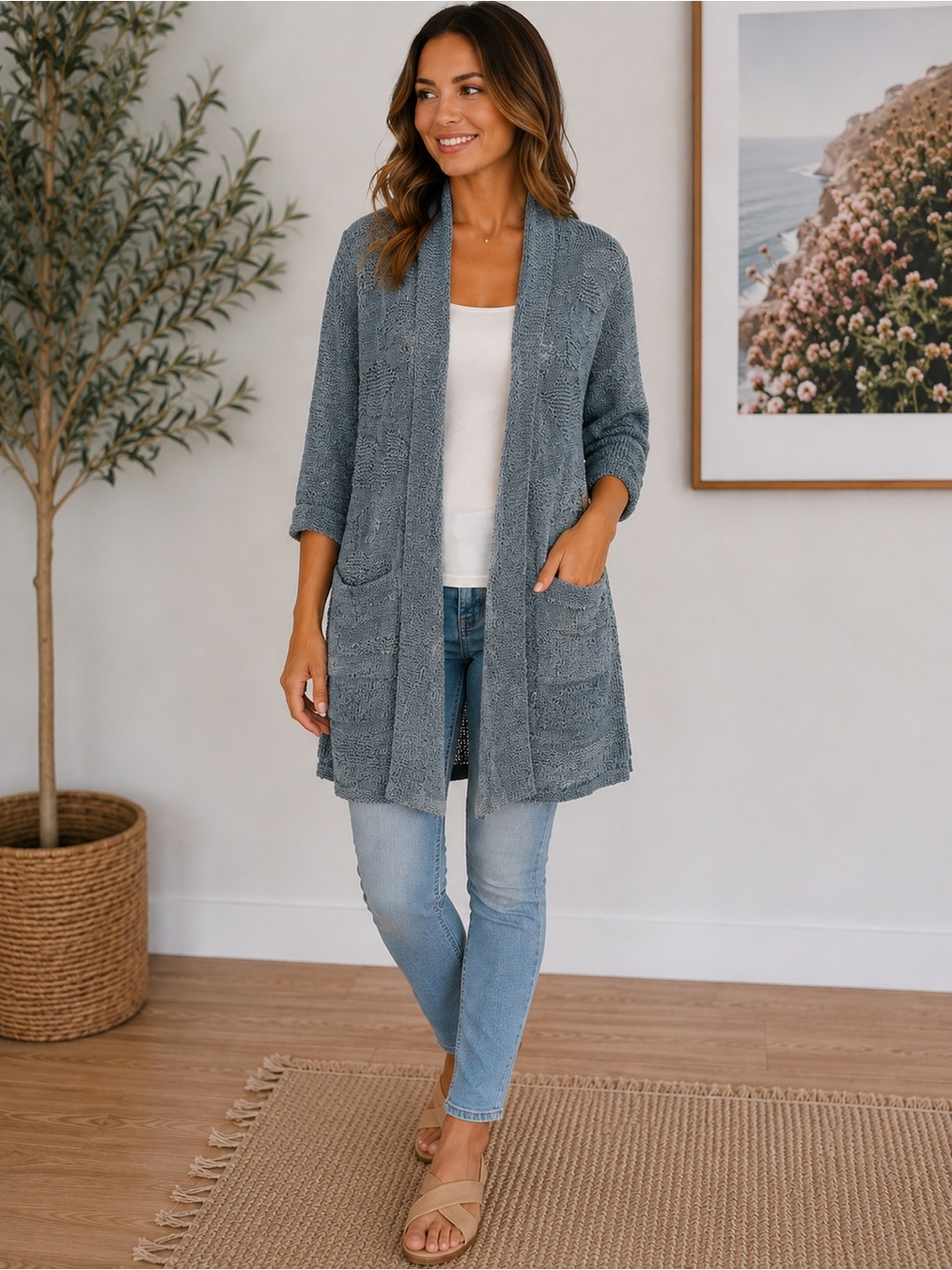 Open-Front Pocket Cardigan Sweater - Dusty Blue